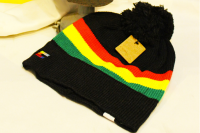 Red Gold and Green Winter Bobble Beanie Hat with Reggae Rasta Colors Woven