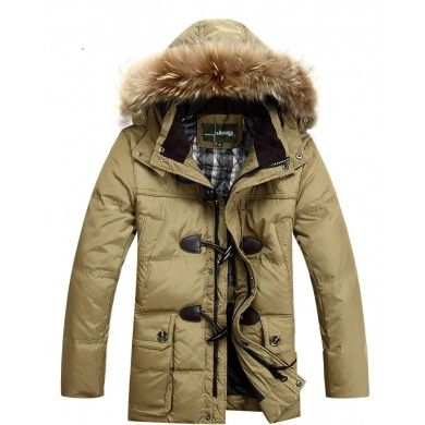 Padded Winter Parka for Men with Fur Lined Hood and Big Buttons