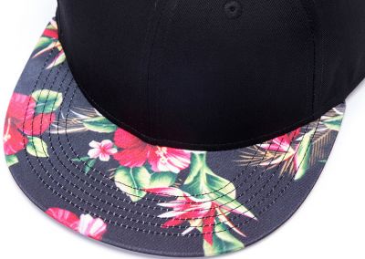 Black Snapback Cap with Flower Print Flat Brim Red Green