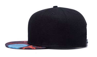 Plain Black Snapback Cap with Orange and Blue Flames Print Brim