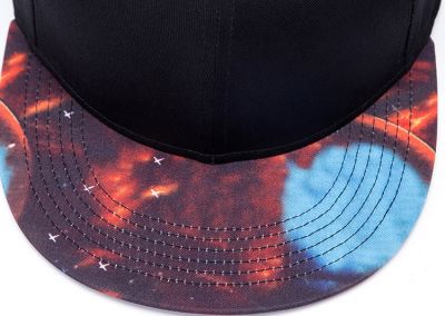 Plain Black Snapback Cap with Orange and Blue Flames Print Brim
