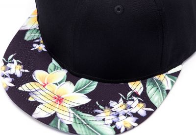 Plain Black Snapback Cap with White Green Tropical Flower Brim