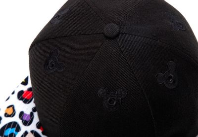 Black Snapback Cap with Multicolor White Leopard Print Brim