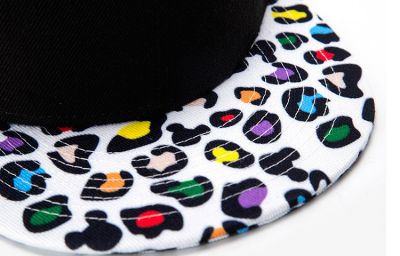 Black Snapback Cap with Multicolor White Leopard Print Brim