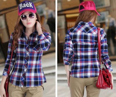 Flannel Cotton Shirt for Women Long Sleeves Plaid Checkered Print
