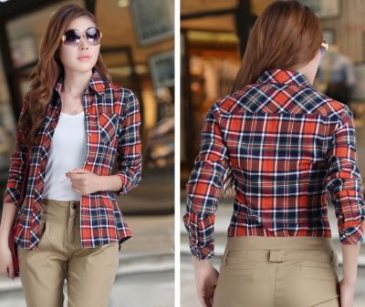 Flannel Cotton Shirt for Women Long Sleeves Plaid Checkered Print