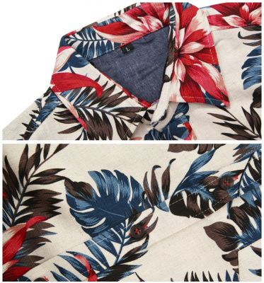 Men's Linen Flower Print Shirt Hawaii with Long Sleeves - Beige