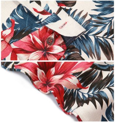 Men's Linen Flower Print Shirt Hawaii with Long Sleeves - Beige
