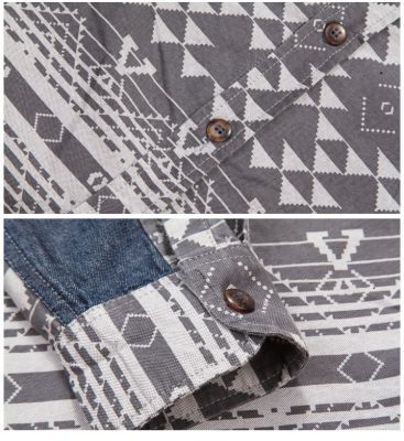 Men's Denim Chambray Shirt with Triangular Pattern Print - Long Sleeves