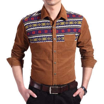 Corduroy Shirt for Men with Snowflake Pattern Shoulder