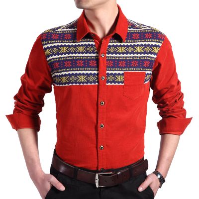 Corduroy Shirt for Men with Snowflake Pattern Shoulder