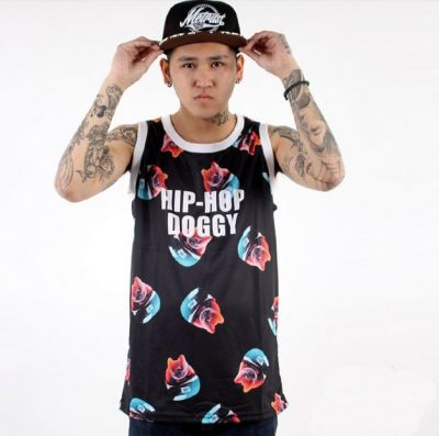Doggy Men's Sports Basketball Jersey Tanktop with Dog and Cap Print