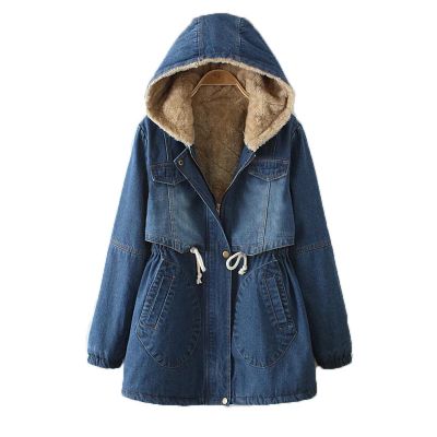 Denim long hooded coat for women