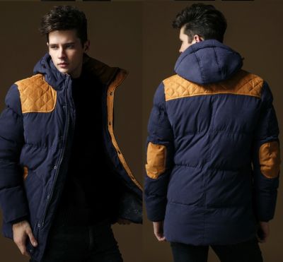 Long Padded Winter Coat for Men Removable Hood Faux Suede Patches