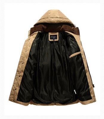 Long Padded Winter Coat for Men Removable Hood Faux Suede Patches