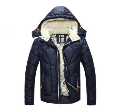 Short Padded Winter Down Jacket for Men with Wool Lined Collar and Hood