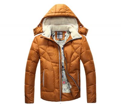 Short Padded Winter Down Jacket for Men with Wool Lined Collar and Hood