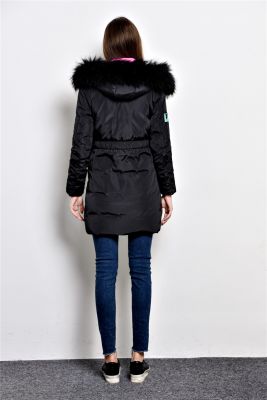 Long padded winter coat for women with fur hood and color contrast