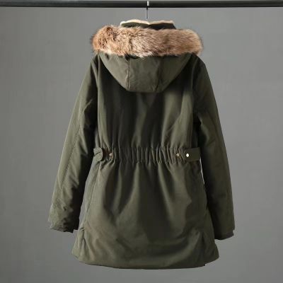 Faux fur-lined parka with removable fur trim hood for women