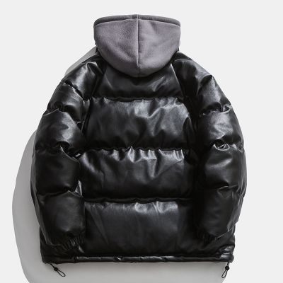 Faux leather windproof hooded puffer jacket for men