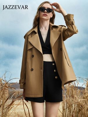 Formid length double breasted trench coat women in khaki