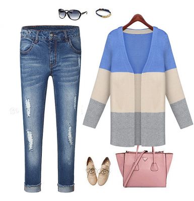 Block Colored Cardigan for Women with Long Sleeves