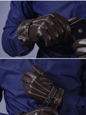 Men's leather gloves with white threading and back button