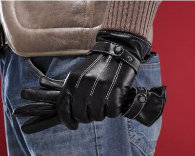 Men's leather gloves with white threading and back button