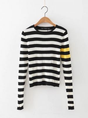 Women's Long Sleeve Top with Black and White Stripes