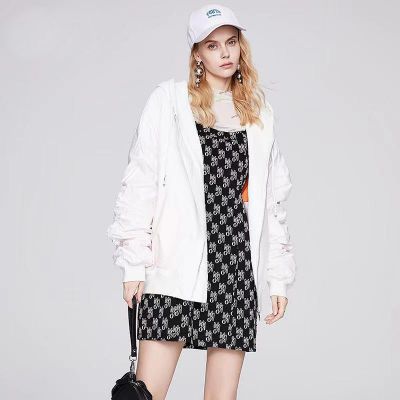 Hooded bomber jacket with ruched sleeves for women