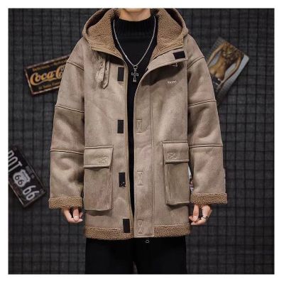 Hooded faux suede winter coat for men