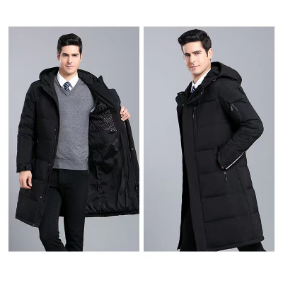Hooded winter longline down jacket for men