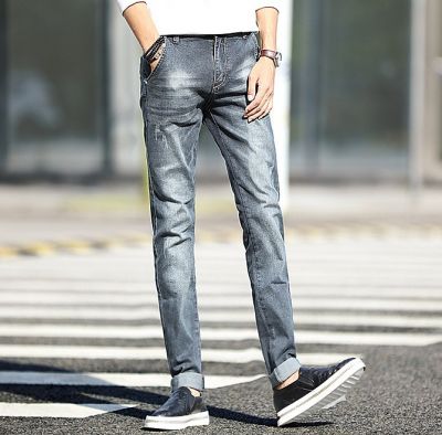 Slim jeans for men blue-gray with details scratches