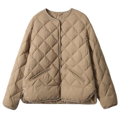 Ladies' Diamond Quilted Short Down Jacket with White Goose Down - Available in Black and Khaki