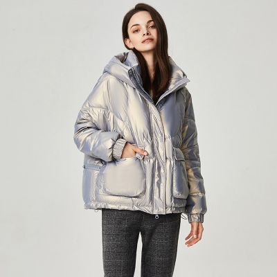 Ladies hooded high-neck shiny down jacket