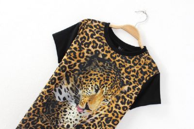 Leopard Print 3D T Shirt for Women Black Sleeves