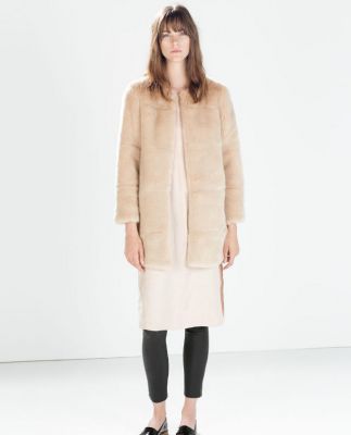 Long Winter Coat for Women with Faux Fur and Round Collar - Beige