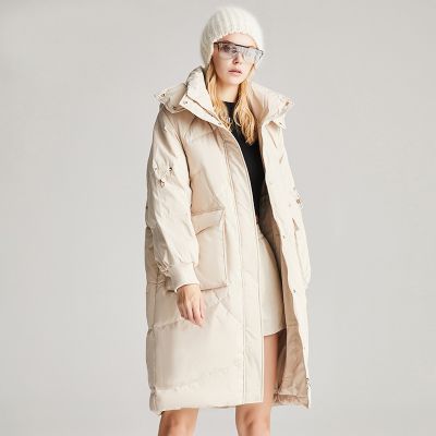 Long hooded padded down jacket for women