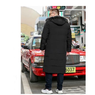 Longline hooded puffer jacket with fur trim hood for men