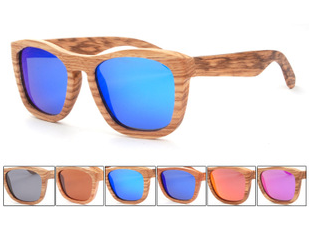 Wooden Frame Bamboo Sunglasses with Blue Pink Smoke Lense