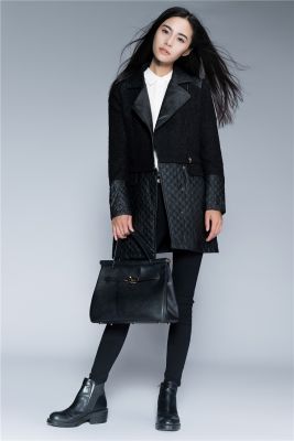 Half Leather Wool Long Coat for Women with Padded PU Leather