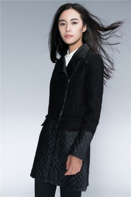 Half Leather Wool Long Coat for Women with Padded PU Leather