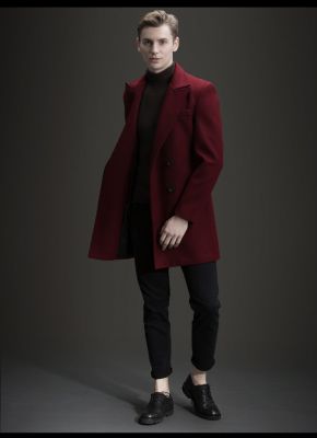 Burgundy red winter wool coat for men with double breast buttons