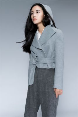 Short Wool Coat for Women with Double Breasted Closure and Belt
