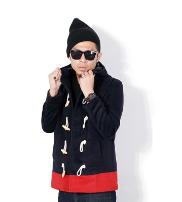 Men's Two Tone Duffle Coat with Hood and Classic Buttons - Navy Black