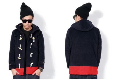 Men's Two Tone Duffle Coat with Hood and Classic Buttons - Navy Black