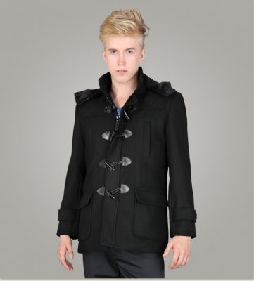 Men's duffle coat with vintage buttons and fur lined hood