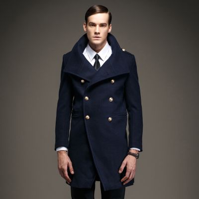 Men's Woolen Double-Breasted Winter Coat  with a wide Neck