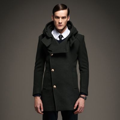 Men's Hooded Woolen Winter Coat with Diagonal buttons and a Wide Collar
