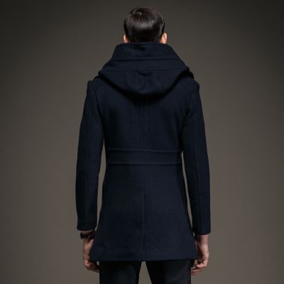 Men's Hooded Woolen Winter Coat with Diagonal buttons and a Wide Collar